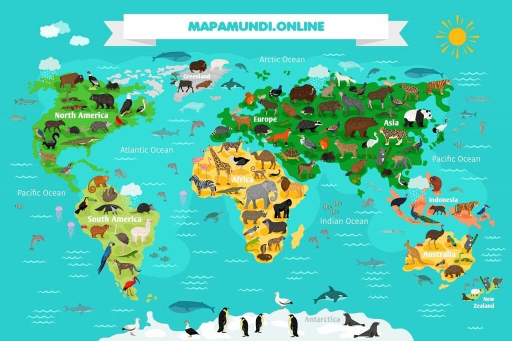 mapa mundi com animais